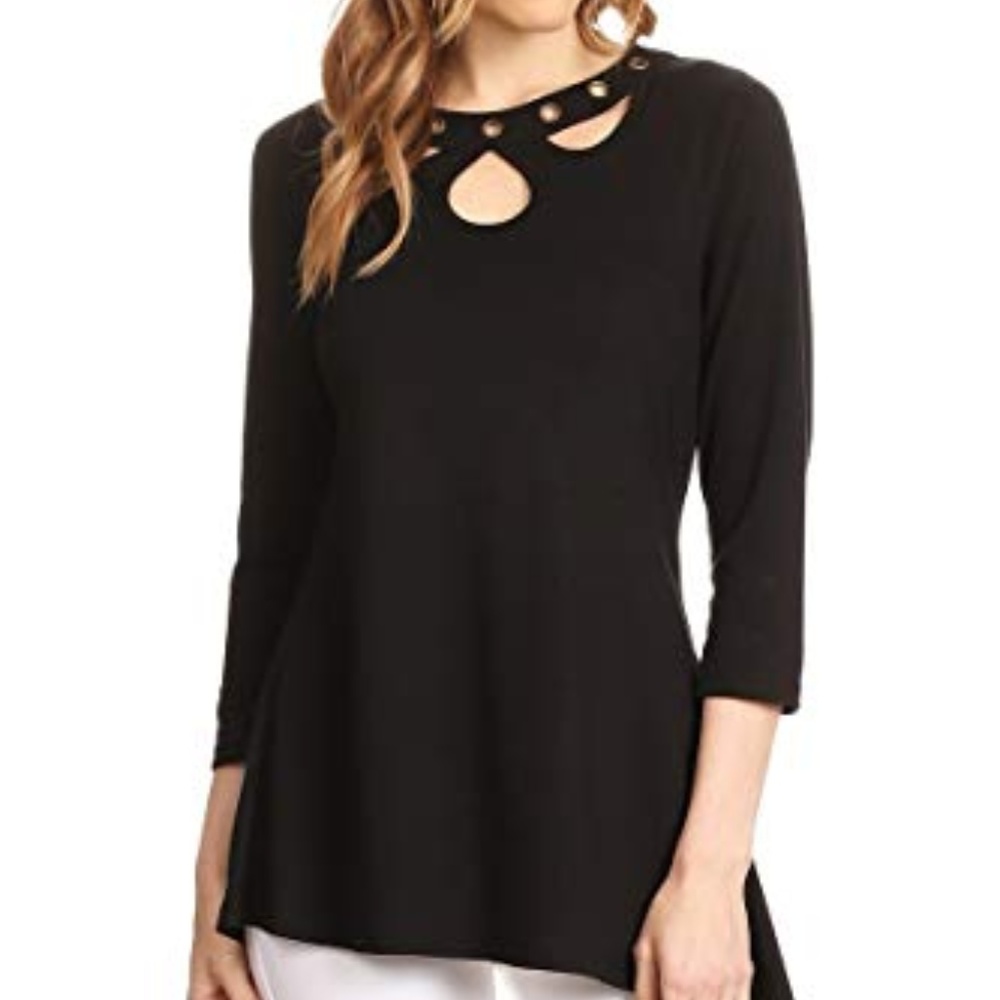 Black Eyelet Embellishment 3/4-sleeves V-Neck Top